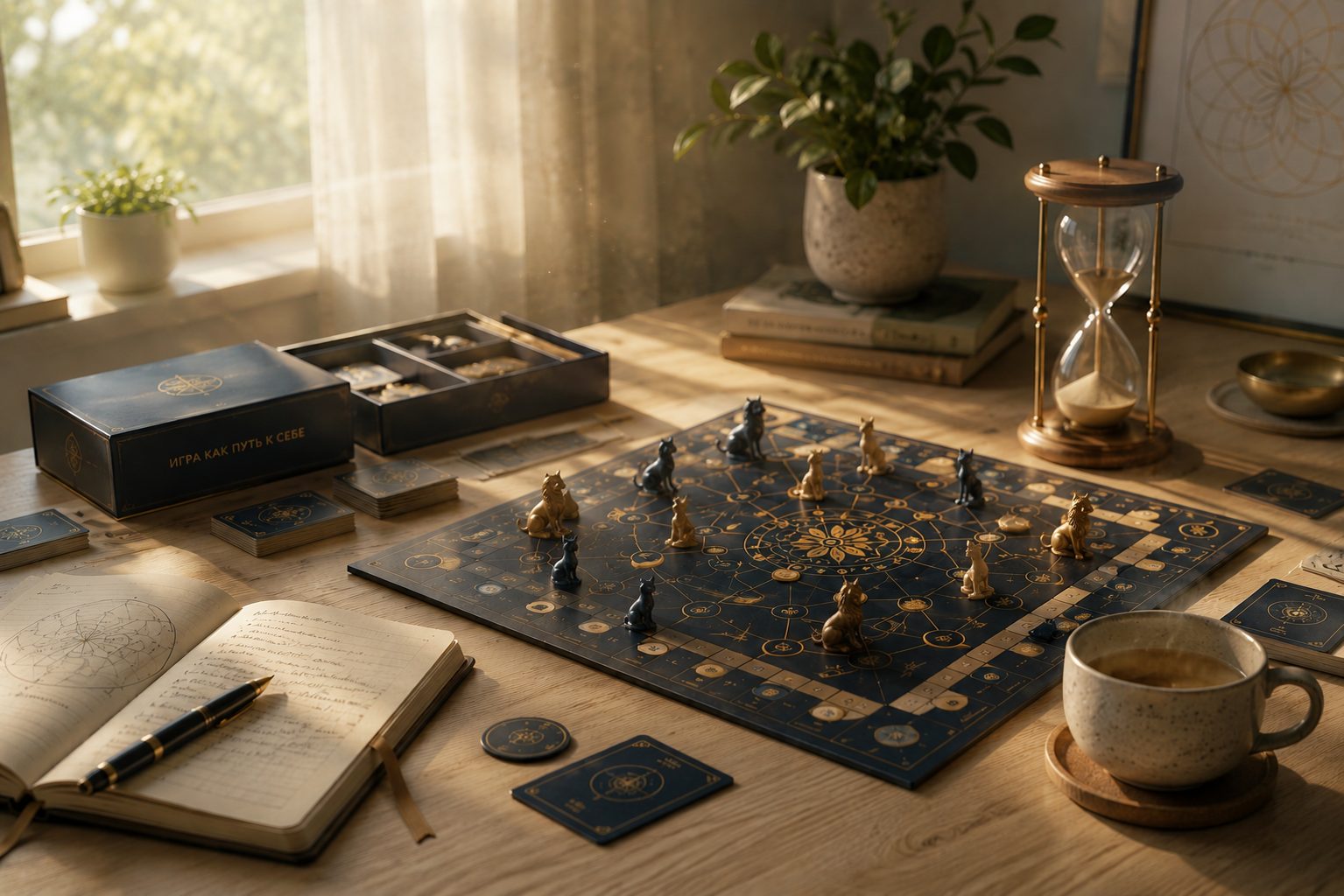Игровое поле трансформационной игры на столе — свет из окна, песочные часы, чашка с чаем